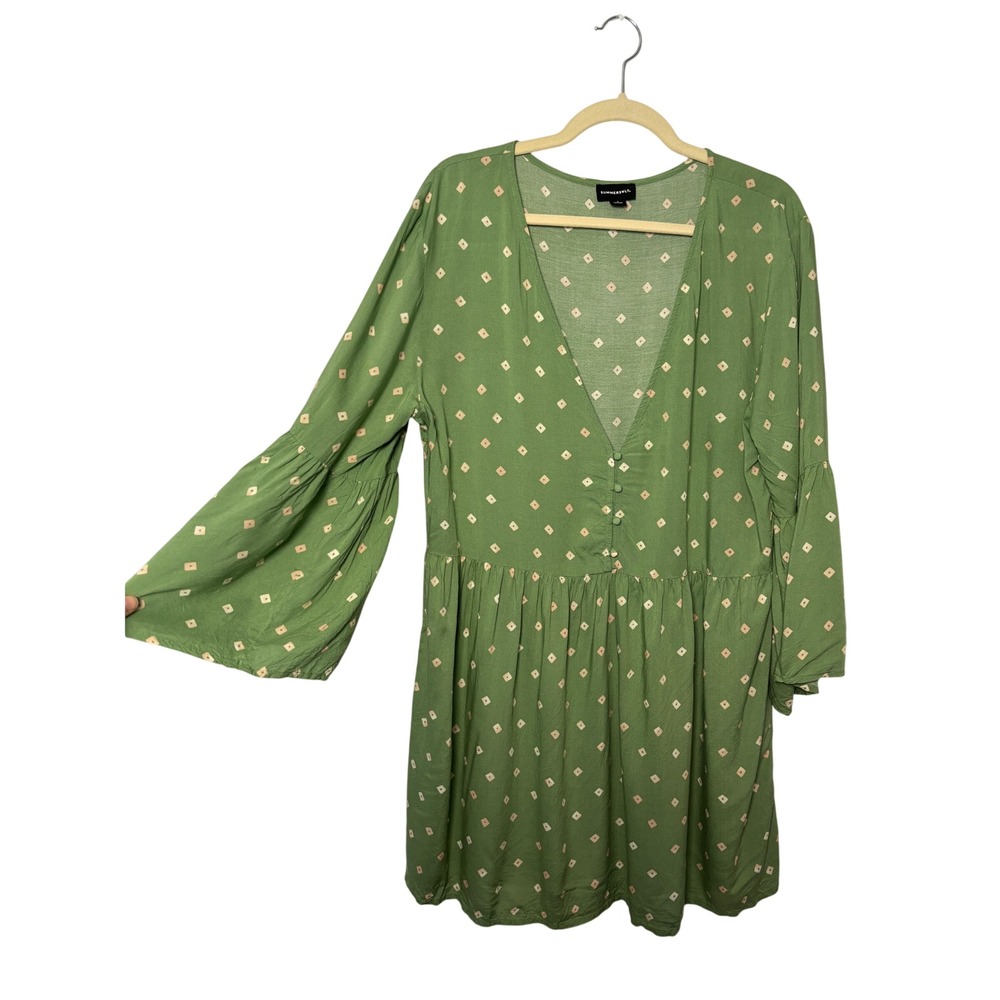 Summersalt Womens‎ Mini Dress L Green Geometric Bell Sleeve Boho Cottagecore